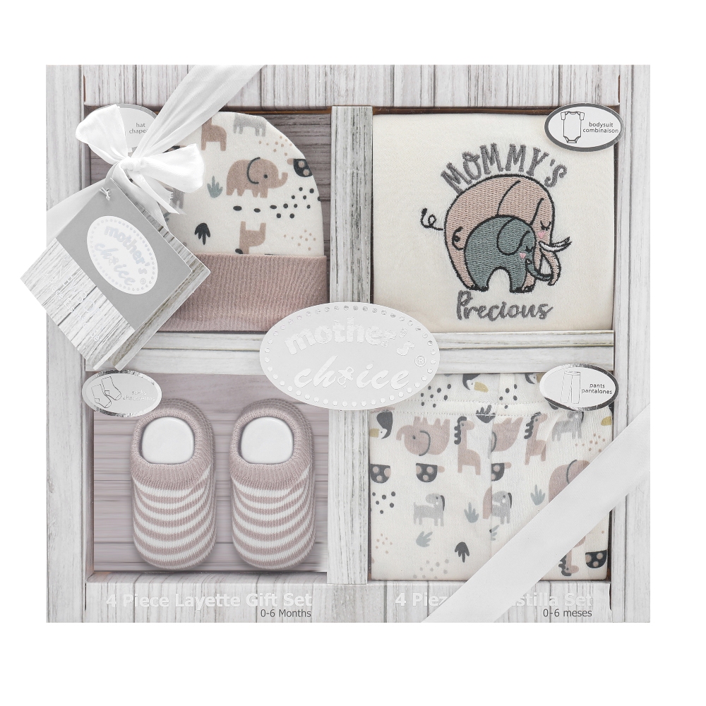 Mother's Choice 4-Pc Baby Bodysuit, Pants, Hat & Socks Gift Box Set (Beige Elephant)