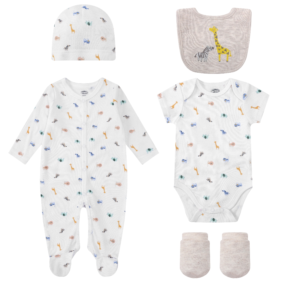 Mother's Choice 5-Pc Baby  Grower, Bodysuit, Bib, Hat & Mittens Layette Gift Set (Beige, Safari)