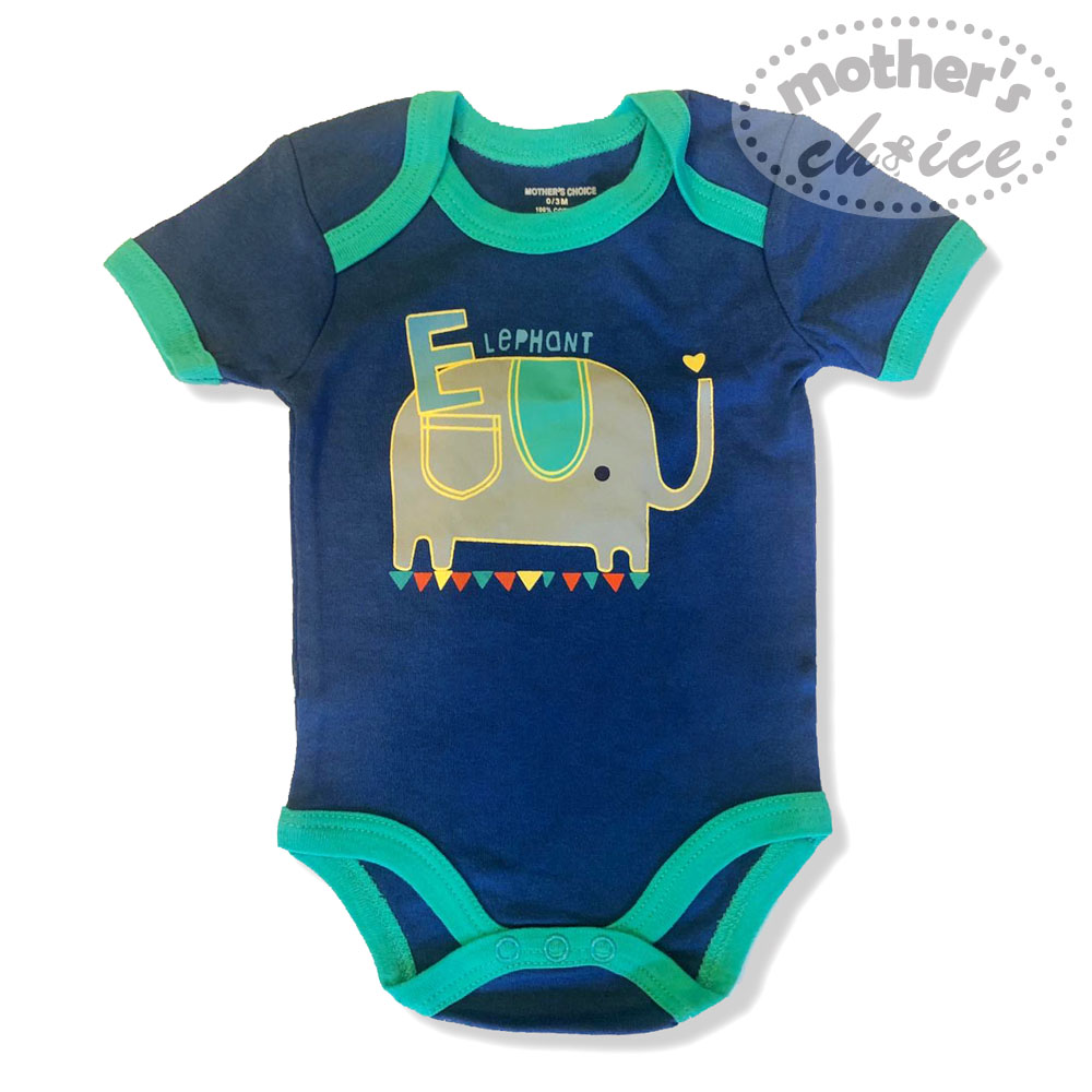 Mother's Choice Newborn Baby Infant 100% Pure Cotton Short Sleeves Blue Elephant Bodysuit and Romper
