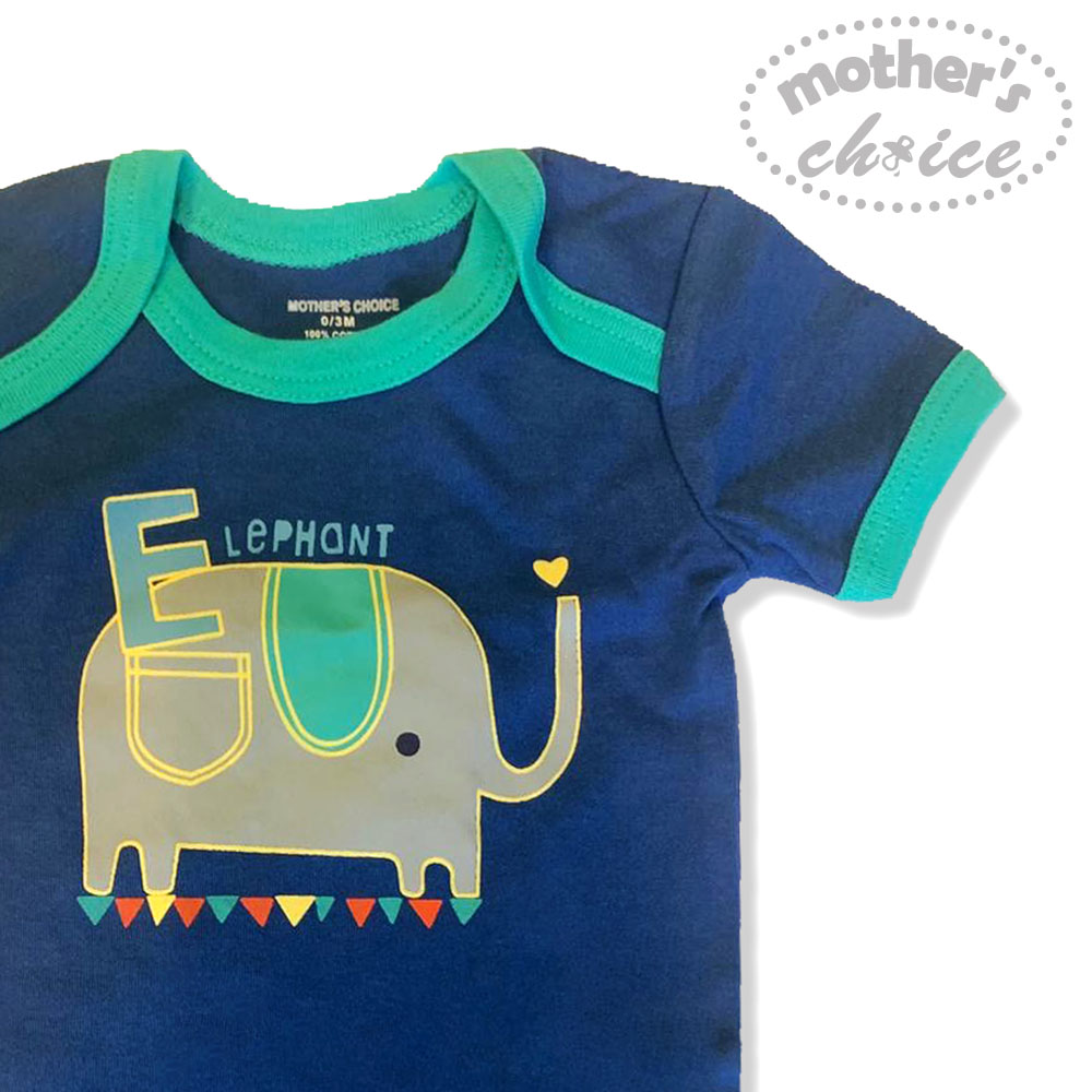 Mother's Choice Newborn Baby Infant 100% Pure Cotton Short Sleeves Blue Elephant Bodysuit and Romper