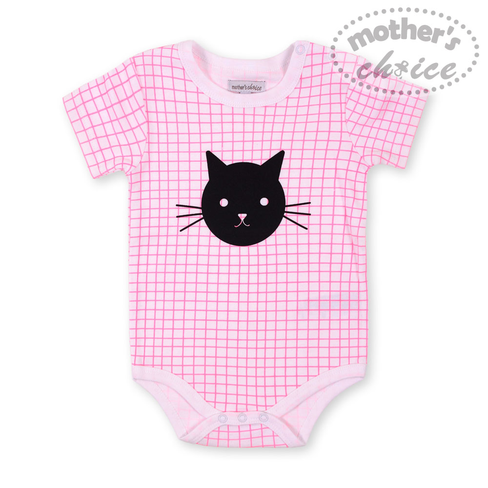 Mother's Choice Newborn Baby Infant 100% Pure CottonShort Sleeves Pink Check Cat Bodysuit and Romper