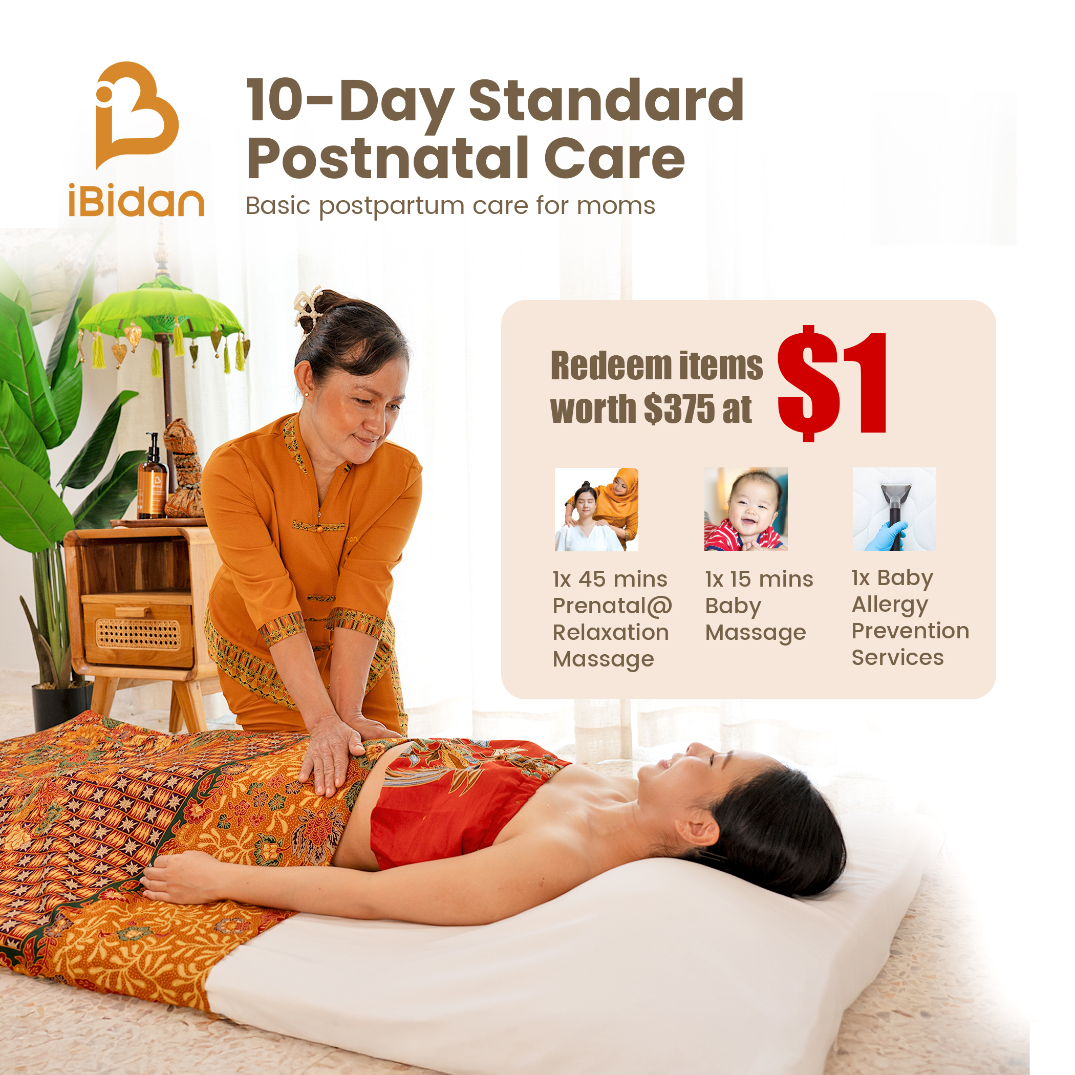 Ibidan 10-Days Standard Postnatal Care (90 mins) + $1 Redemption (worth $375)