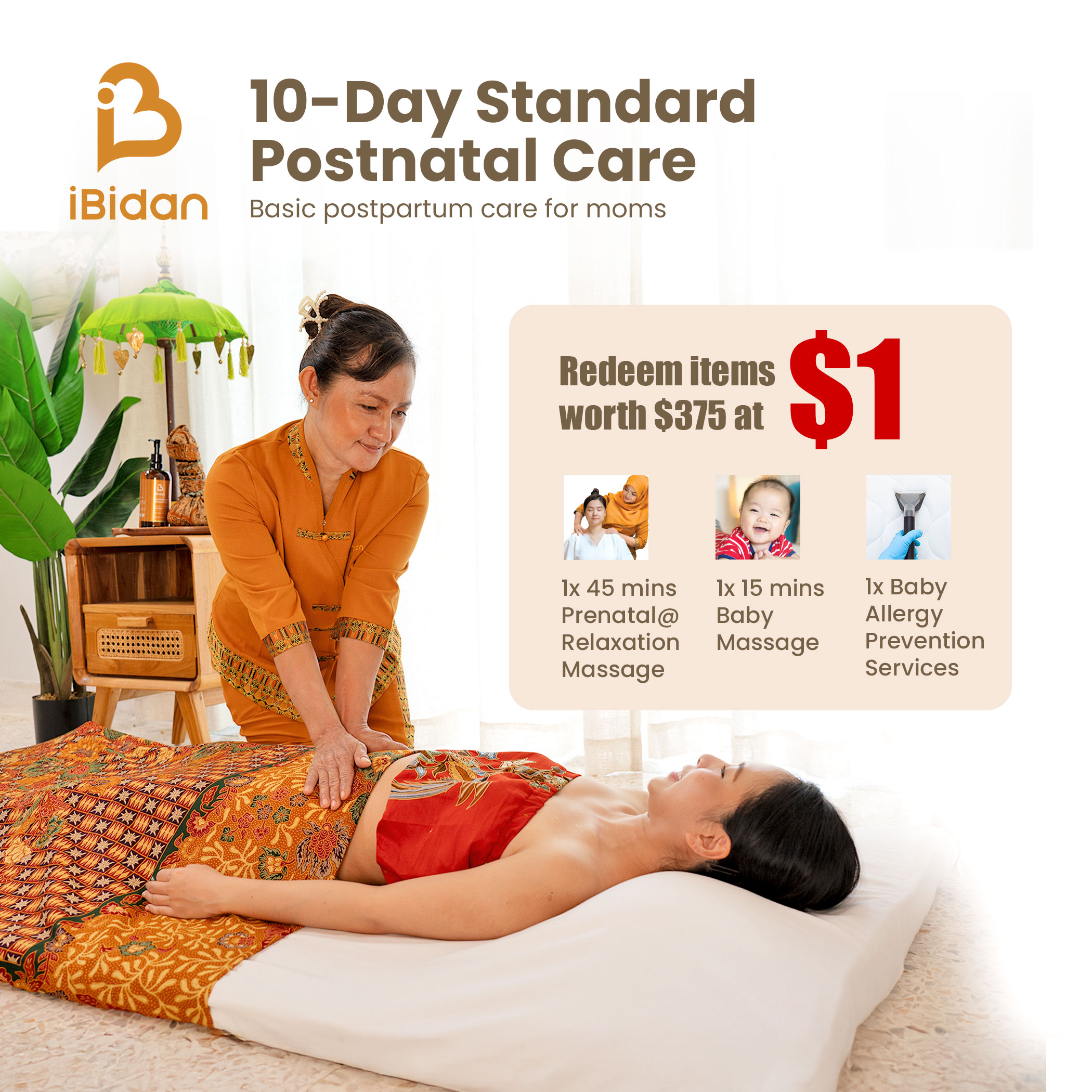 Ibidan 10-Days Standard Postnatal Care + SGD 1 Redemption (worth $375)