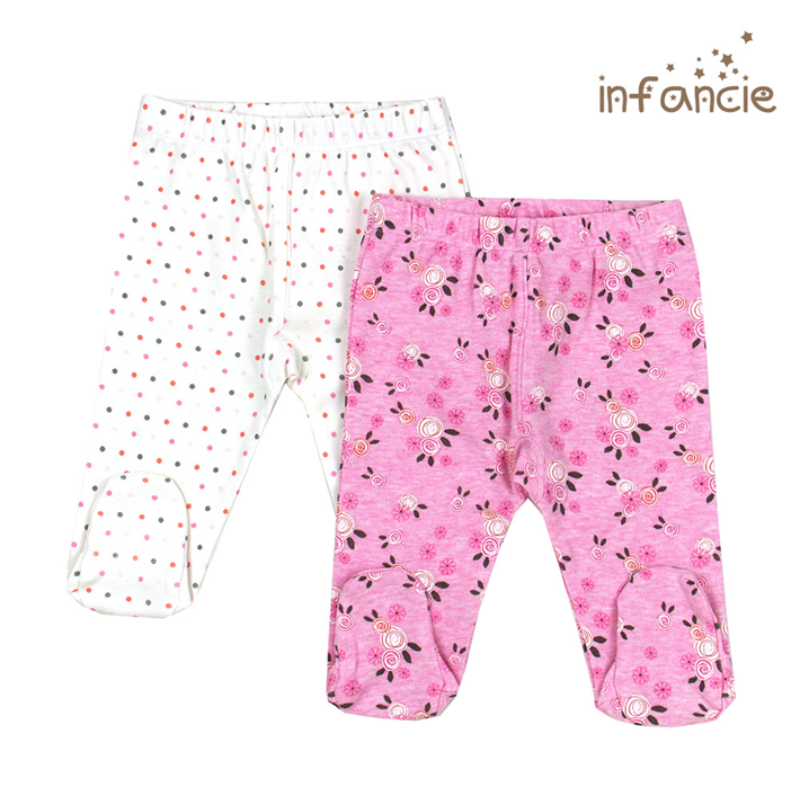 Infancie Newborn Baby Footed Leggings Set of 2 Pcs (100% Cotton) White / Pink