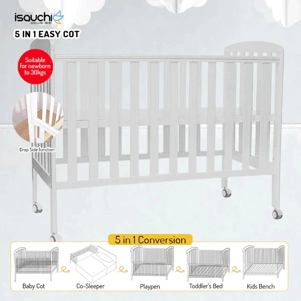Baby Cot | Isa Uchi 5 in 1 Easy Cot with Dropside mechanism + Teething Rail