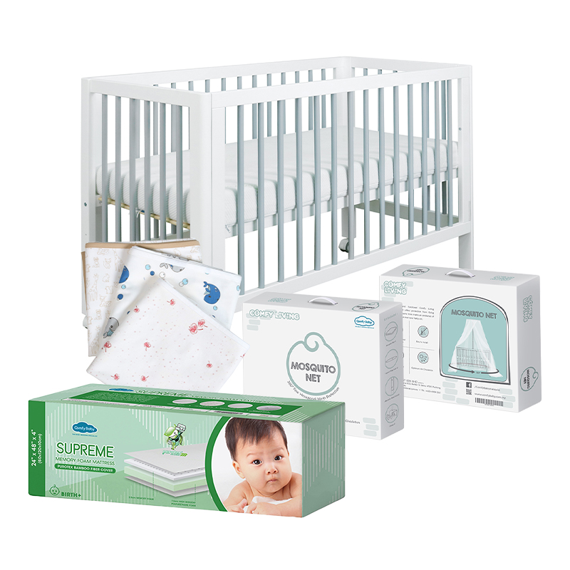 Comfy Baby Bundle Set (Ciak Cot Bed - White Grey + Supreme 2448 Mattress + Mosquito Net + Diaper Changing Mat)