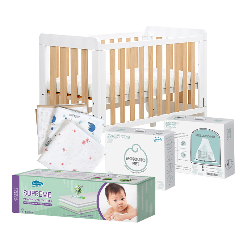 Comfy Baby Bundle Set (Luca Cot Bed - Wood White + Supreme 2852 Mattress + Mosquito Net + Diaper Changing Mat)