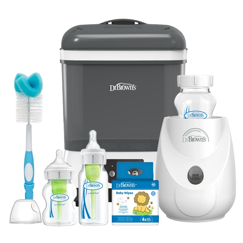 Dr Brown's Sterilizer and Dryer + Bottle and Food Warmer + Feeding Bottles and Brush + Wipes Bundle