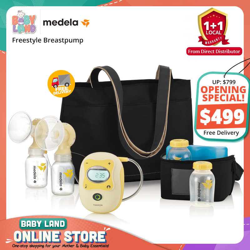 baby-fairMedela Freestyle Breastpump Set (AC Adapter + Tote bag + Cooler bag + Ice pack + 4x150ml Narrow Neck Breastmilk Bottles + 2xBreast Shields + Breastmilk Feeding Nipple + Valves)