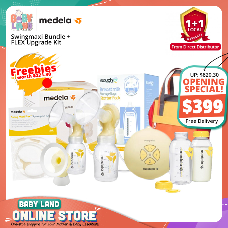 Medela Swingmaxi Double Breastpump Bundle + FLEX Upgrade Kit + Free Cooler Bag + Breastmilk Bag Starter Pack + Storage Bottles + Nursing pads + Purelan Sachet