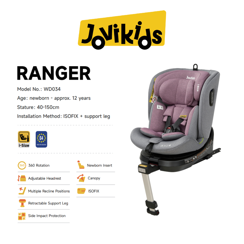 Jovikids RANGER Premium ISOFIX Carseat with 360deg Rotation with Canopy and Leg Support (40-150cm) with R129 Compliance