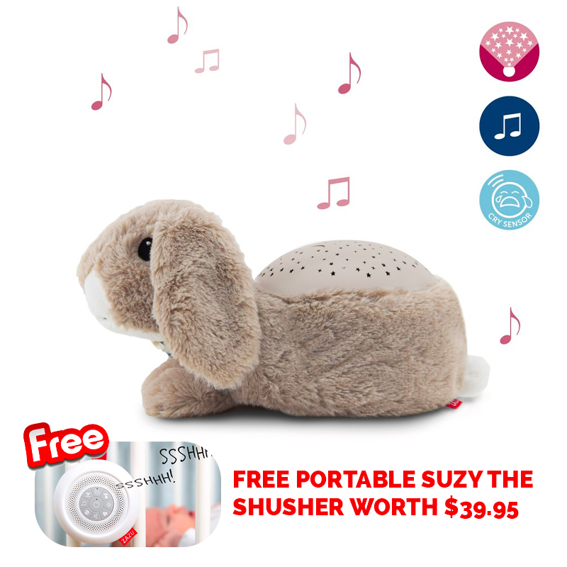 Zazu Star Projector Sleep Soother with Melodies and Cry Sensor, Ruby the Rabbit + Free Suzy the Susher