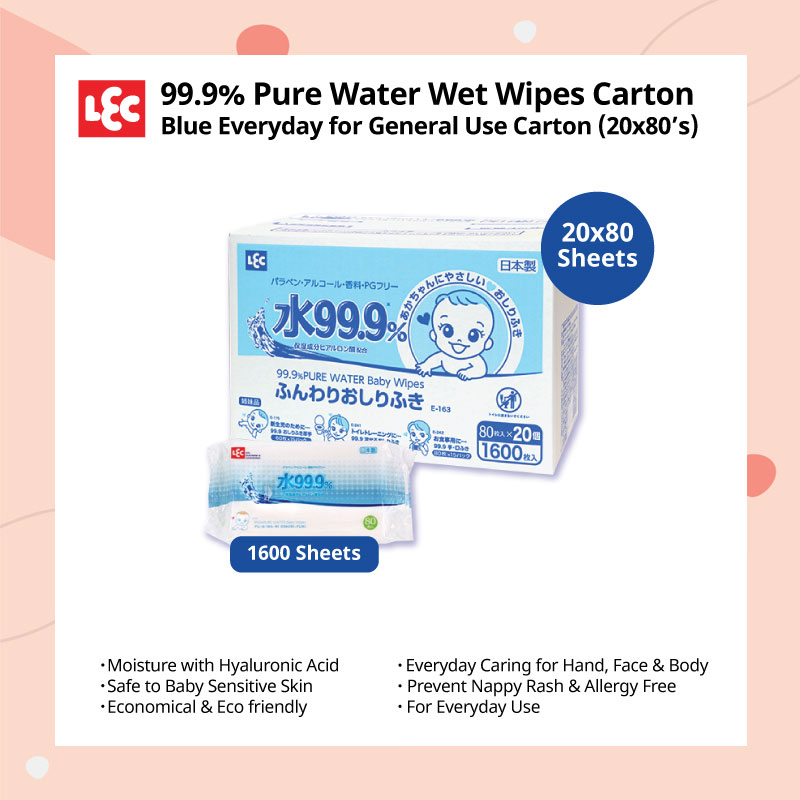 baby-fair LEC 99.9% Pure Water Wet Wipes - Blue General Everyday Use Carton (20 x 80s)