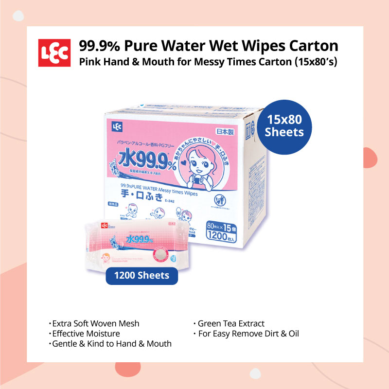 baby-fair LEC 99.9% Pure Water Wet Wipes - Pink Hand & Mouth for Messy Time Carton (15 x 80s) 