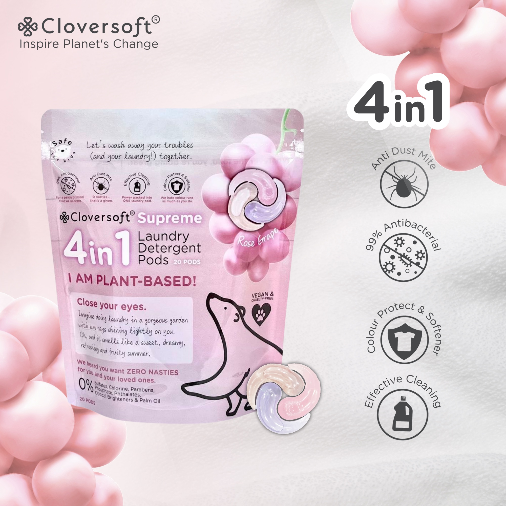 Cloversoft 4 in 1 Supreme Laundry Capsule (Rose Grape) 20 Pods