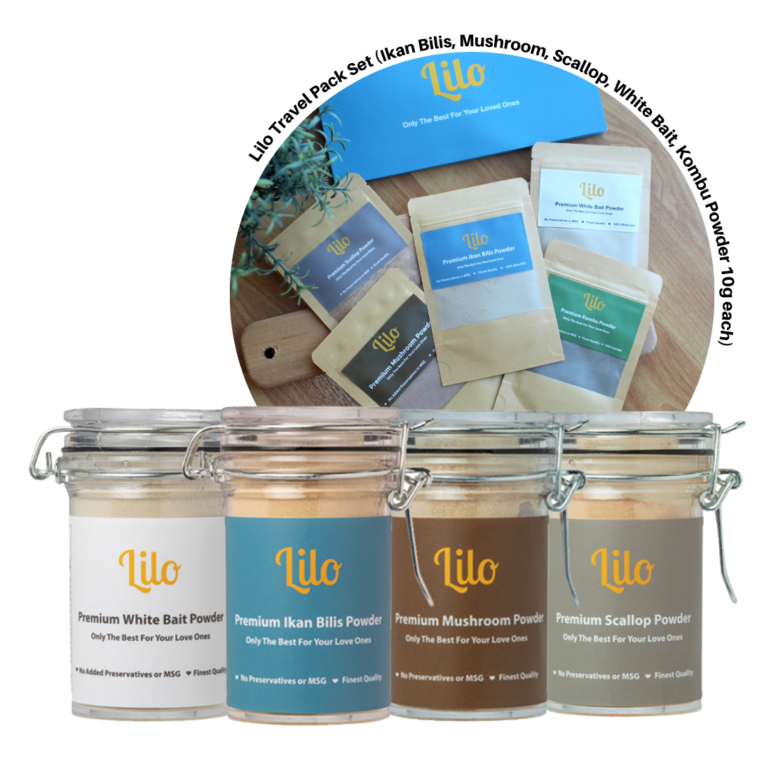 Lilo Premium Ikan Bilis, Mushroom, Scallop White Bait Bottle Set With Lilo Travel Pack Set