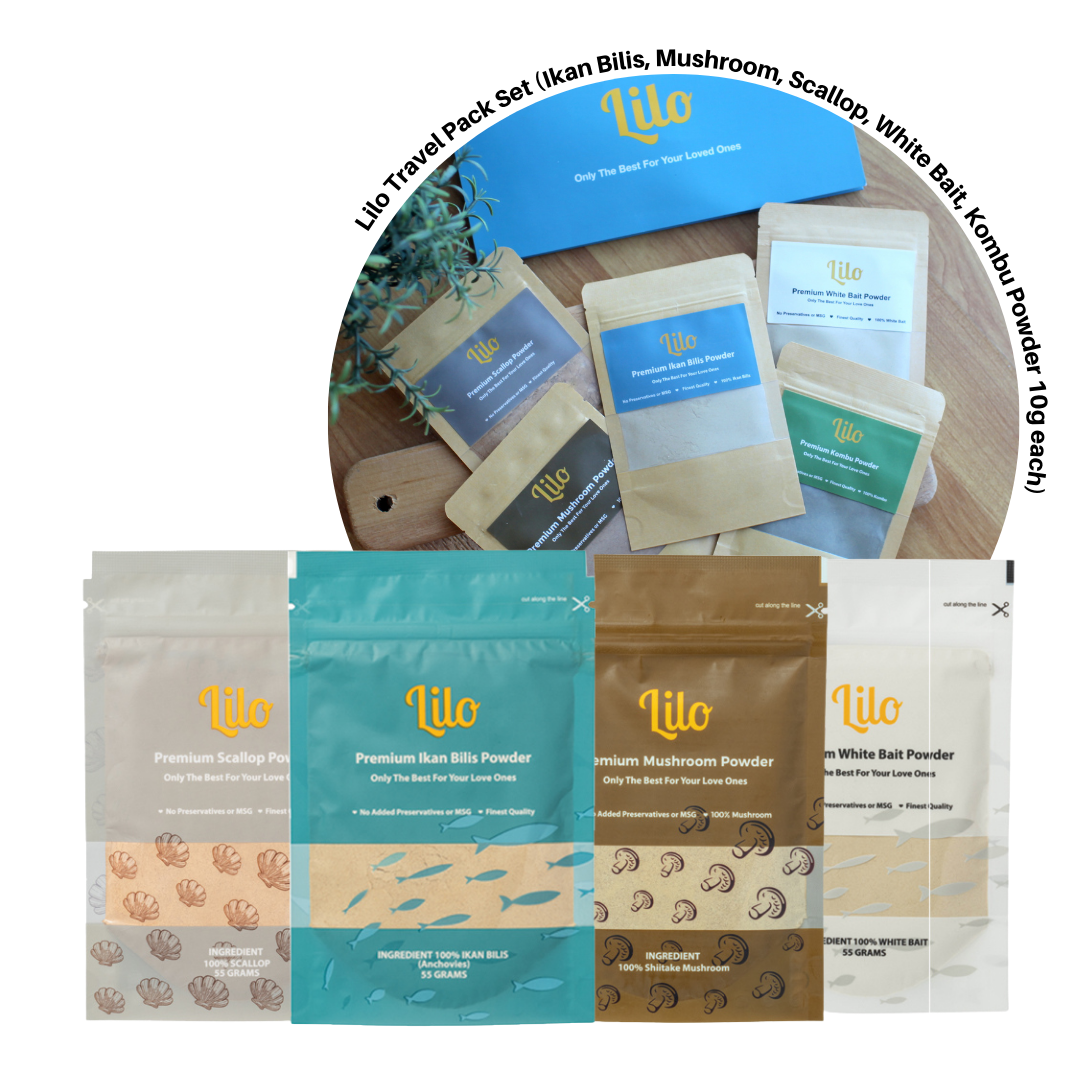 Lilo Premium Ikan Bilis, Mushroom, Scallop White Bait Resealable Pack Set With Lilo Travel Pack Set