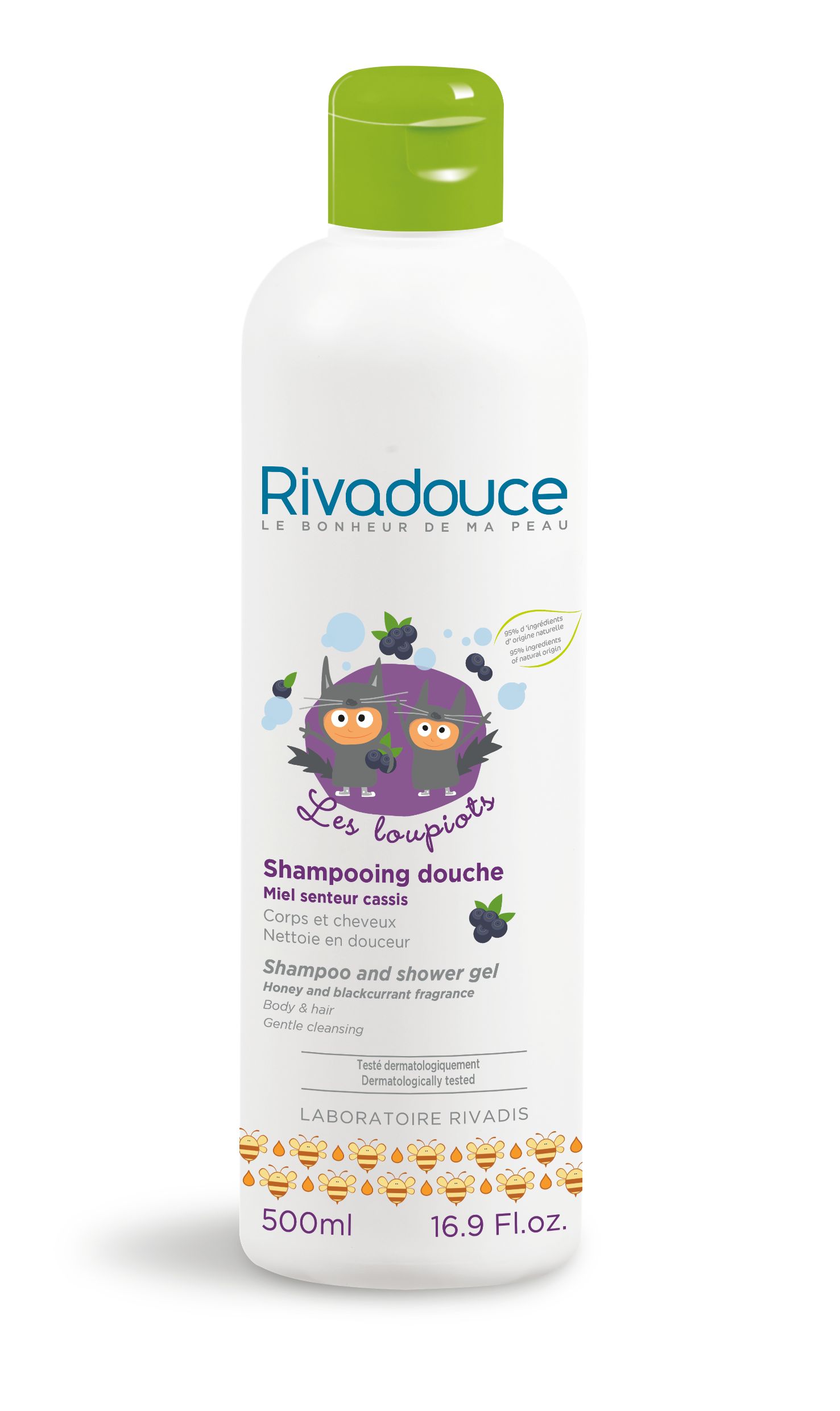 Rivadouce Loupiots Shampooing Douche Miel et Cassis (Honey and Blackcurrant Shampoo and Body Wash) 500ml