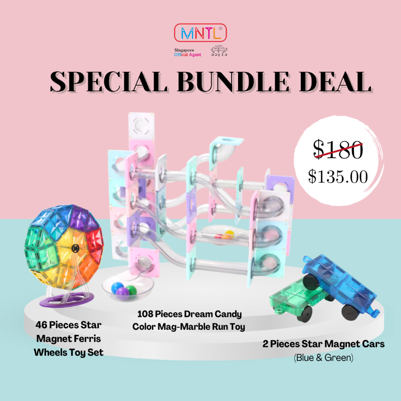 Bundle deal 3 - MNTL Dream Candy Mag Marble Run Toy Set + Star Magnet Ferris Wheels Toy Set + 2pcs Star Magnet Cars