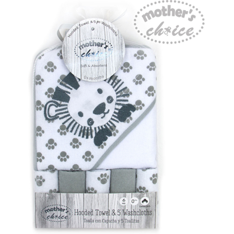 Mother's Choice Hooded Towel With 5 Face Cloth Lion