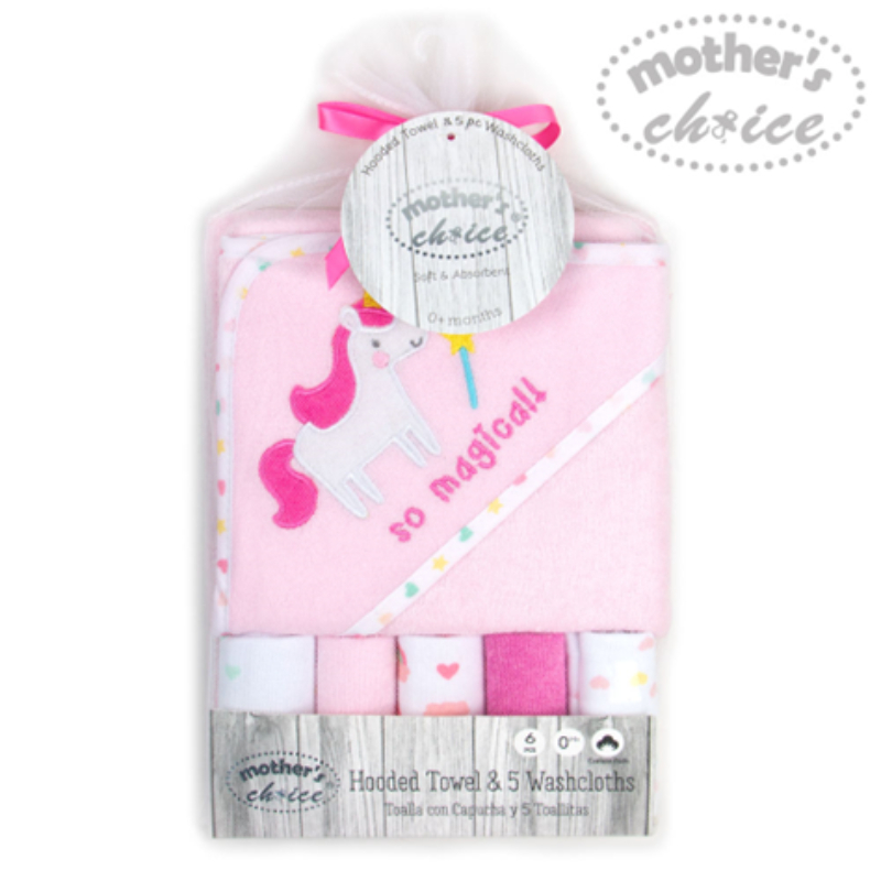 Mother's Choice Hooded Towel With 5 Face Cloth Unicorn