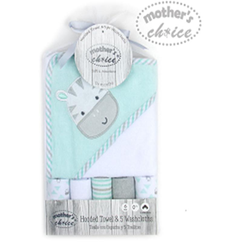 Mother's Choice Hooded Towel With 5 Face Cloth Zebra