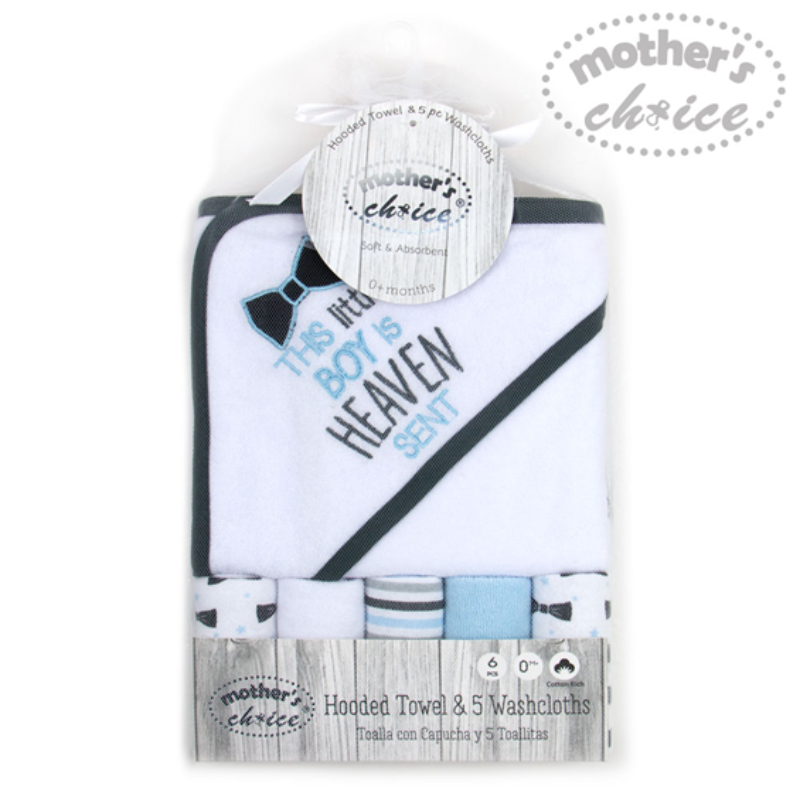 Mother's Choice Hooded Towel With 5 Face Cloth Bow