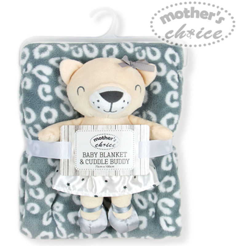 Mother's Choice Super Soft Plush Blanket With Buddy Grey Bear