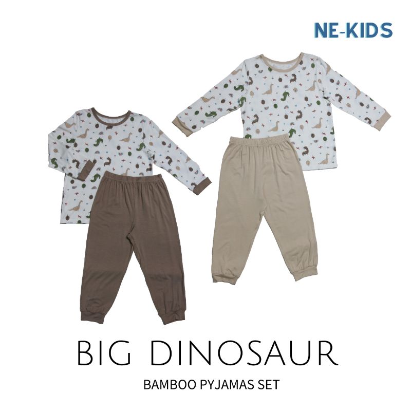 Ne-Kids Bamboo Pyjamas Set - Dino Khaki (Sizes 4Y-14Y)