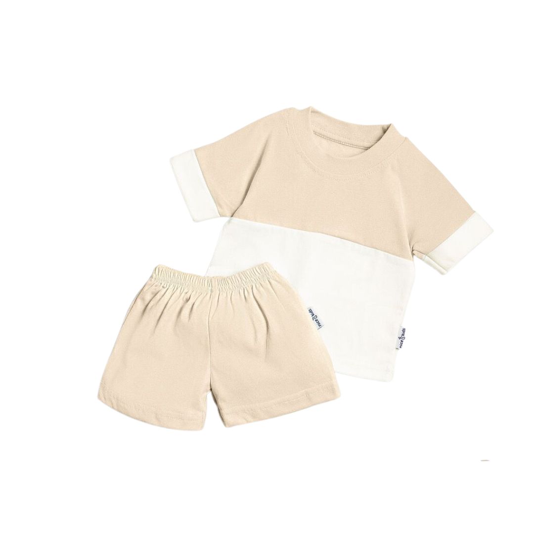 Nice Kids 2-Tone Premium Cotton T-Shirt and Short Pants Set - Cream