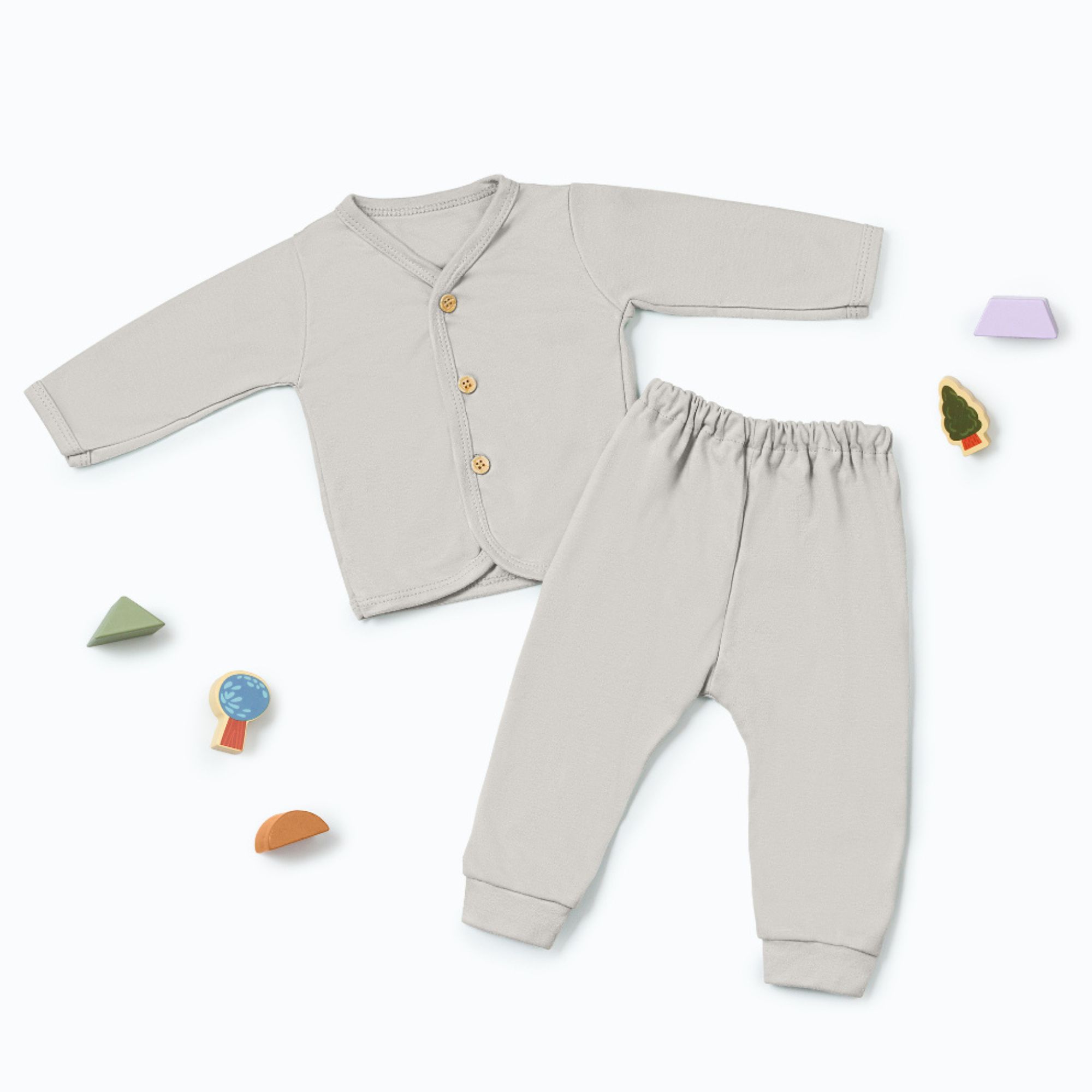 Nice Kids Long Sleeve Button-up Pajamas Set - Light Grey