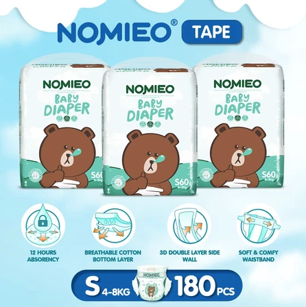 Nomieo Diaper Tape S - Bundle of 3 Pack (180pcs)