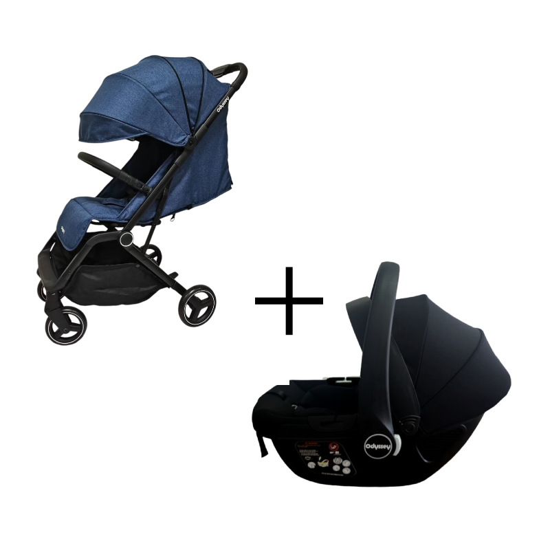 (Navy) Odyssey Lite Compact Stroller + (Black/Grey) Odyssey R129 Infant Car Seat