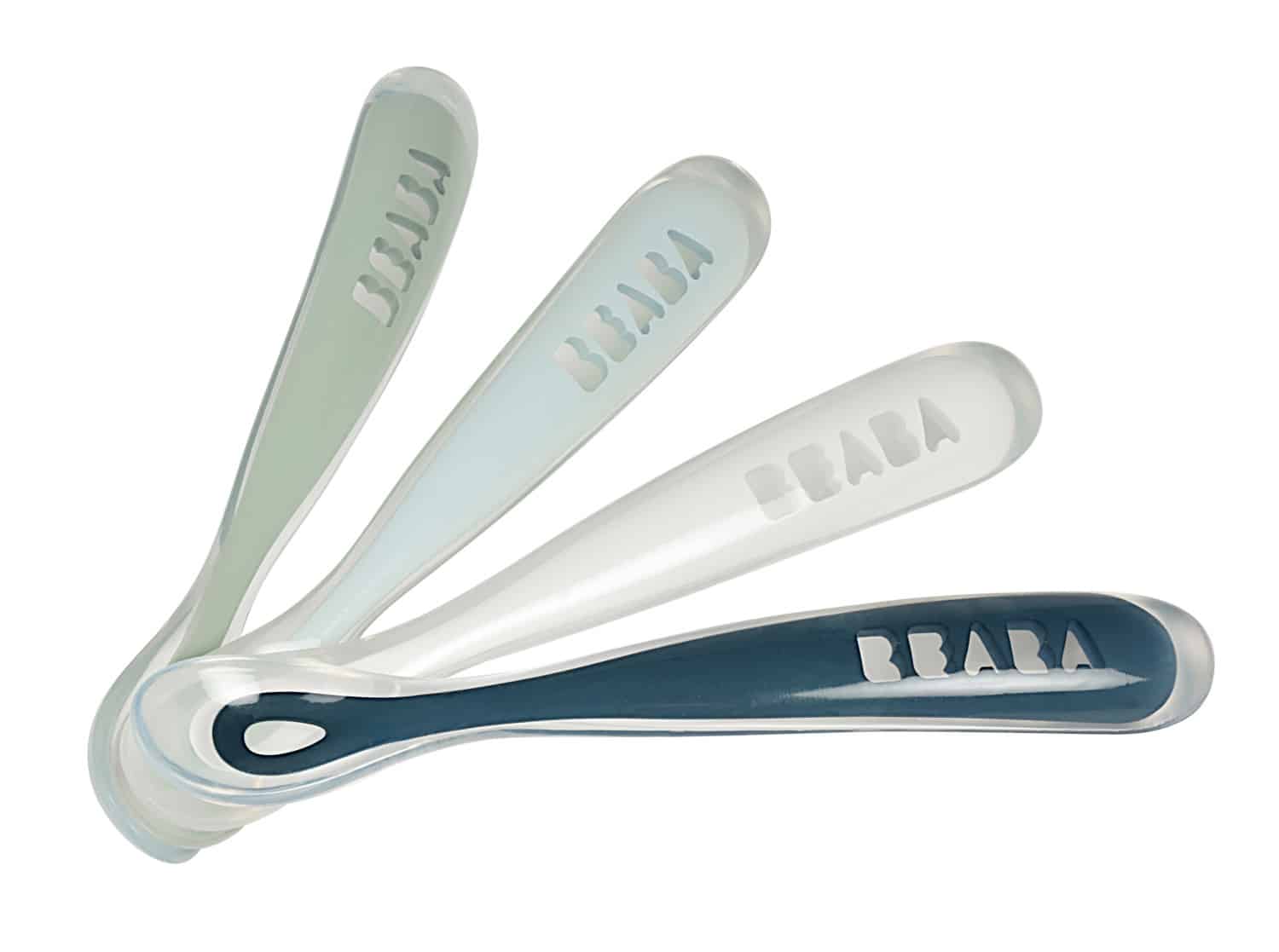 Beaba Set of 4 Ergonomic 1st Stage Silicone Spoons RAINBOW (Blue/Pink/Light Grey/Green) (913413)