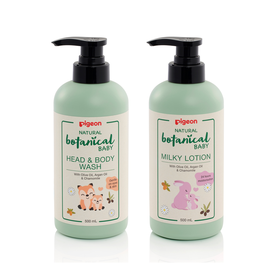 Pigeon Natural Botanical Baby Head & Body Wash 500ml (PG-78410) + Baby Milky Lotion 500ml (PG-78412)