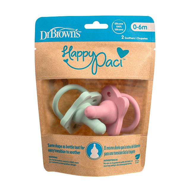 Dr Brown	's HappyPaci One-Piece Silicone Pacifier, 0m+, 2pack [Pink/ Blue]