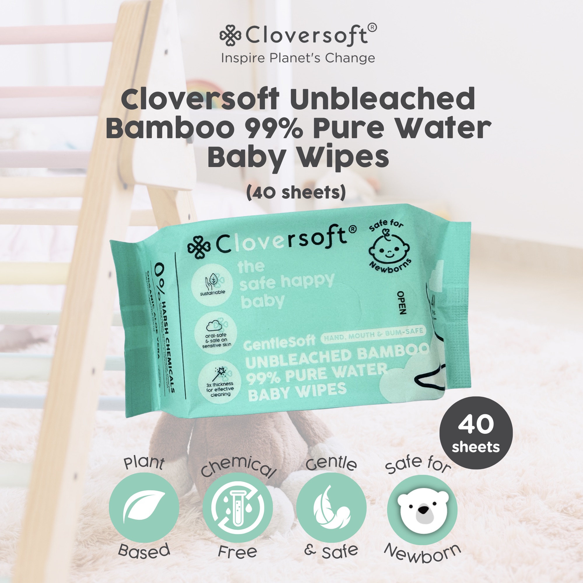 Cloversoft Unbleached Bamboo Organic Pure Water Baby Wipes 40 Sheets