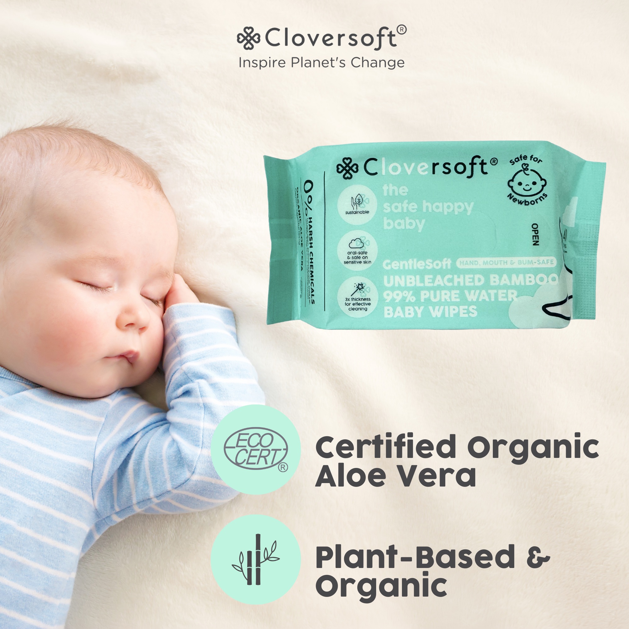 Cloversoft Unbleached Bamboo Organic Pure Water Baby Wipes 40 Sheets
