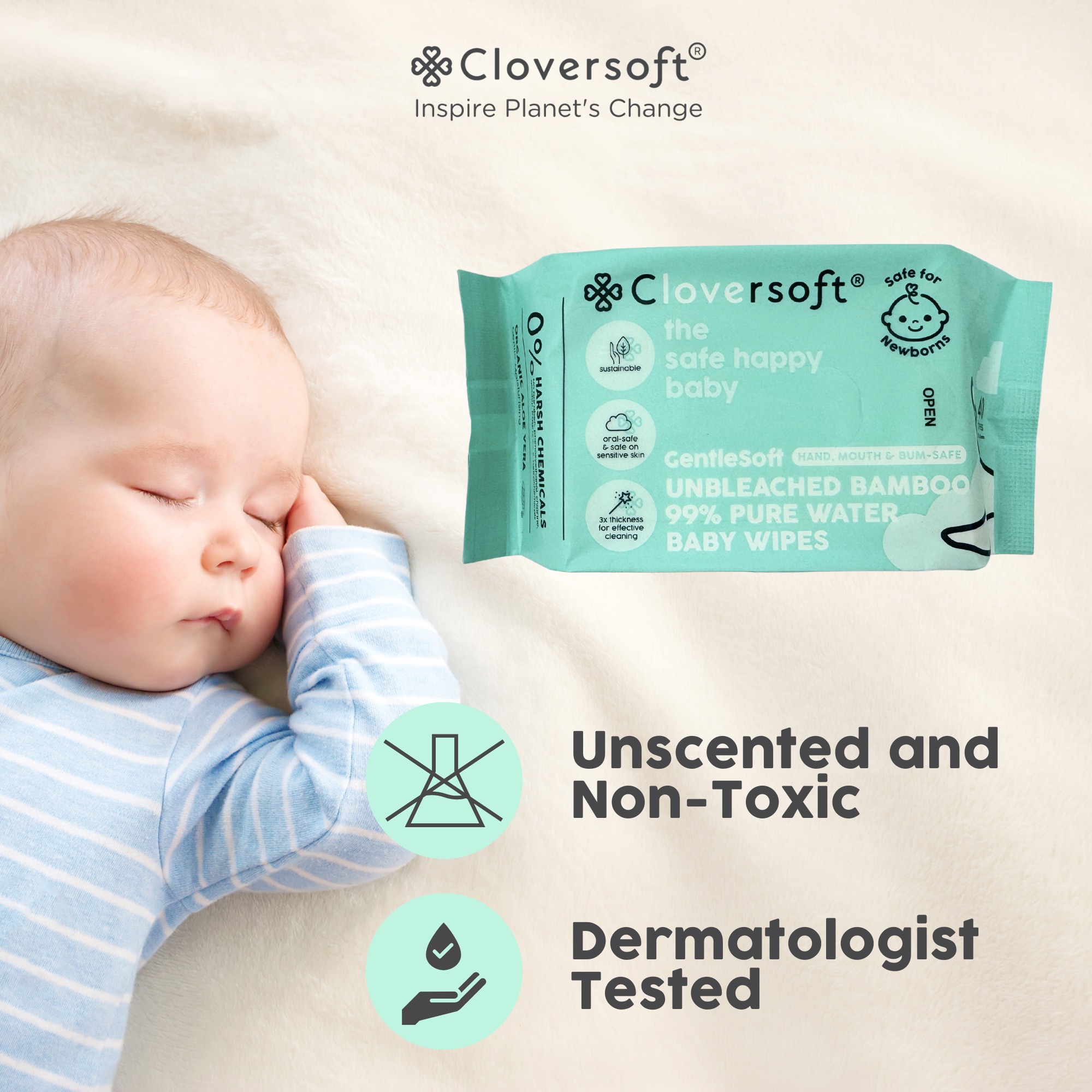 Cloversoft Unbleached Bamboo Organic Pure Water Baby Wipes 40 Sheets