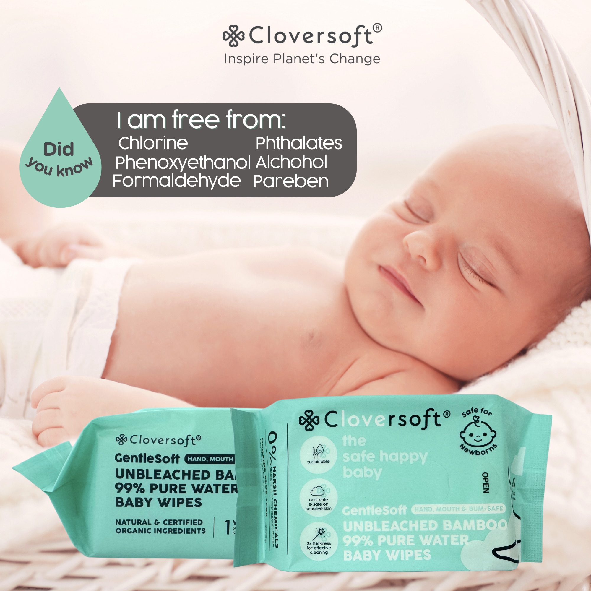 Cloversoft Unbleached Bamboo Organic Pure Water Baby Wipes 40 Sheets
