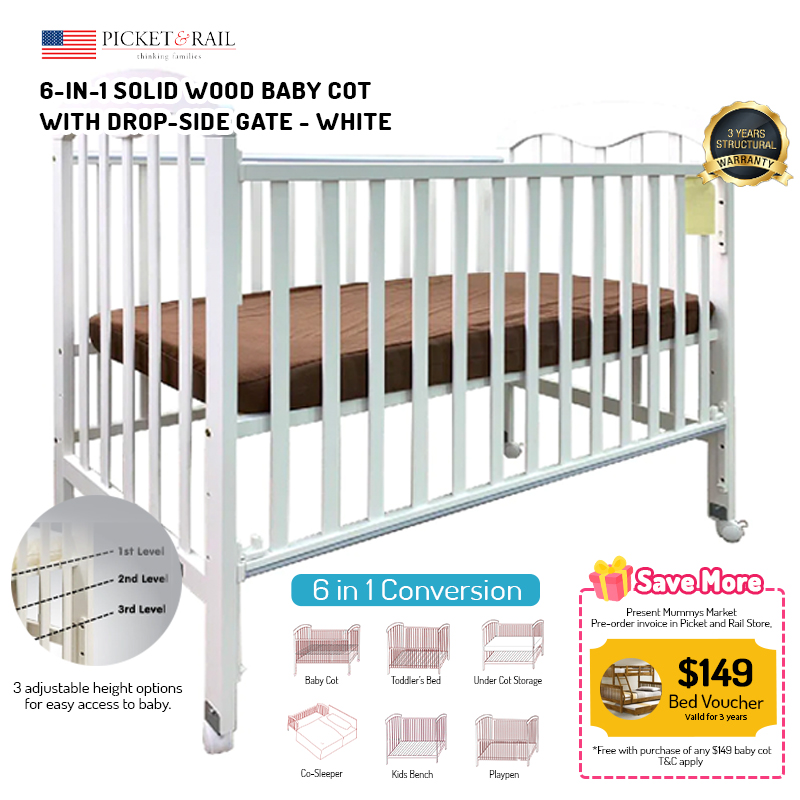 Baby Cot | Picket & Rail 6-in-1 Anti-Microbial Solid Wood Baby Cot with Drop Side Mechanism