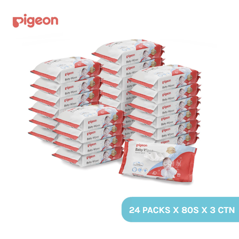 Bundle of 3 - [Carton Deal] Pigeon Baby Wipes 100% Pure Water 80s (Carton of 24 packs)