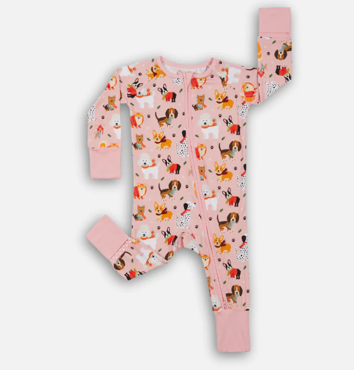 The Plush Club Bamboo Puppy Love Pink Long Sleeves Zipper Romper