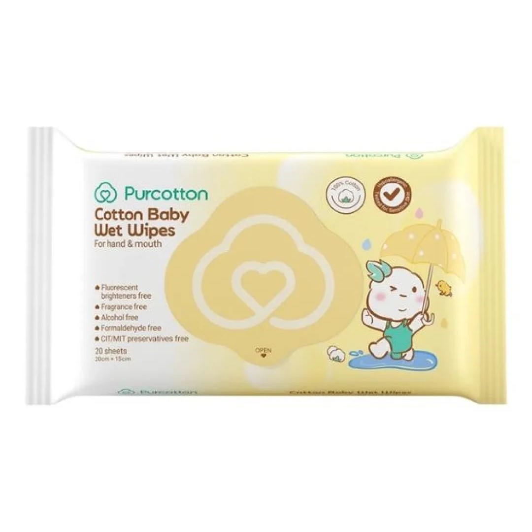 Purcotton Cotton Baby Wet Wipes 20cm x 15cm 20 sheets