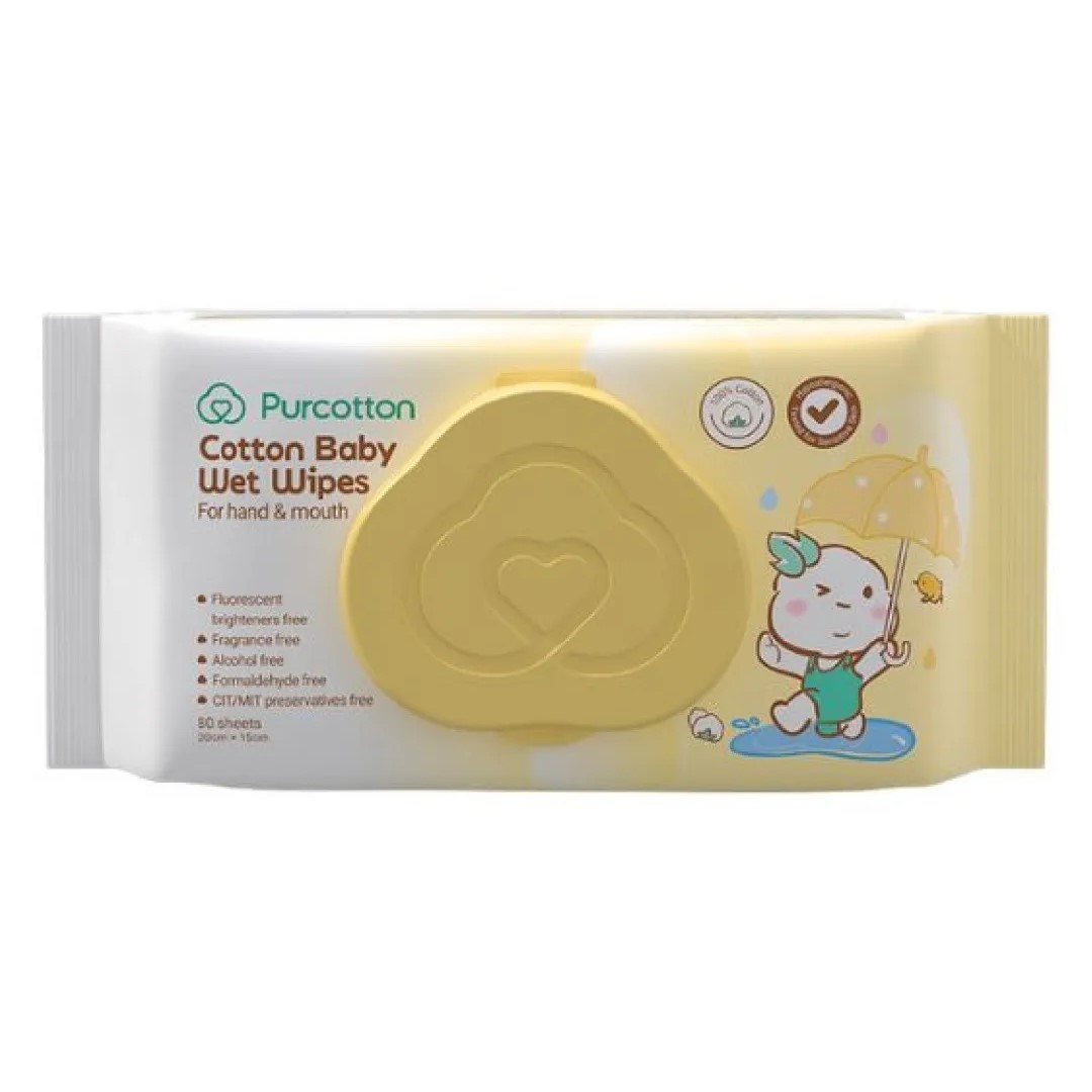 Purcotton Cotton Baby Wet Wipes 20cm x 15cm 80 sheets