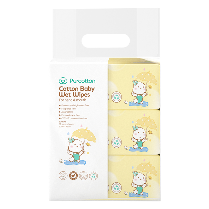 Purcotton Cotton Baby Wet Wipes 20cm x 15cm 80 sheets x 3 packs