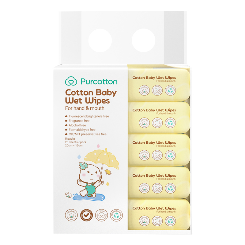 Purcotton Cotton Baby Wet Wipes 20cm x 15cm 20 sheets x 5 packs