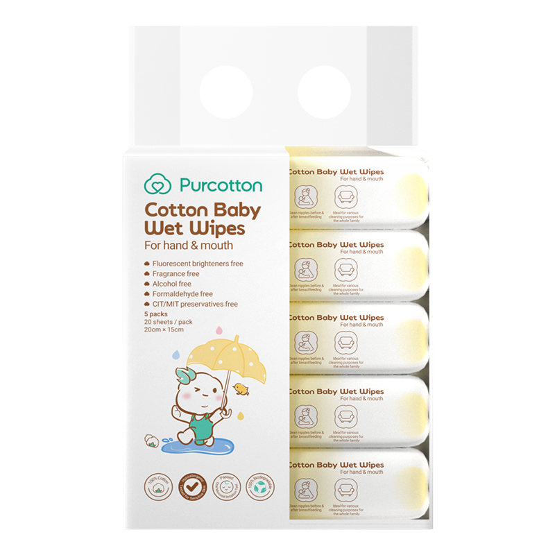 Purcotton Cotton Baby Wet Wipes 20cm x 15cm 20 sheets x 5 packs