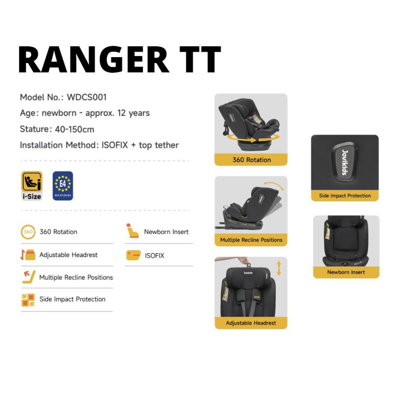 Jovikids RANGER TT ISOFIX Carseat with 360deg Rotation with Top Teether (40-150cm) with R129 Compliance