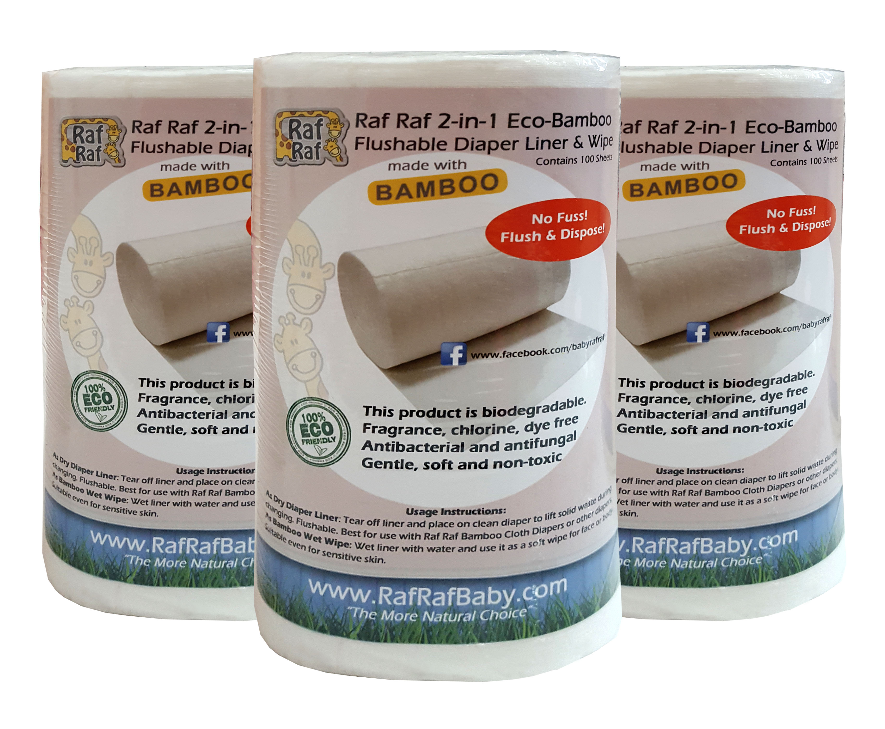 Raf Raf 2-in-1 Eco-Bamboo Flushable Diaper Liner & Wipe (Pack of 3)